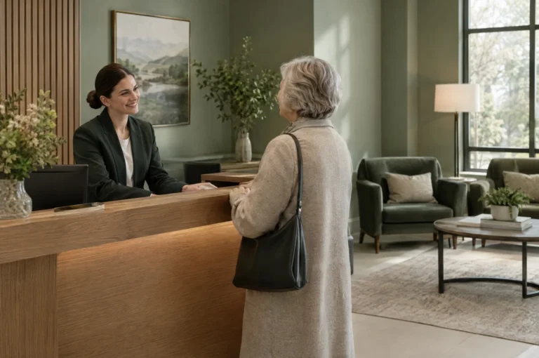 Patient checking in at a calm hospital reception desk