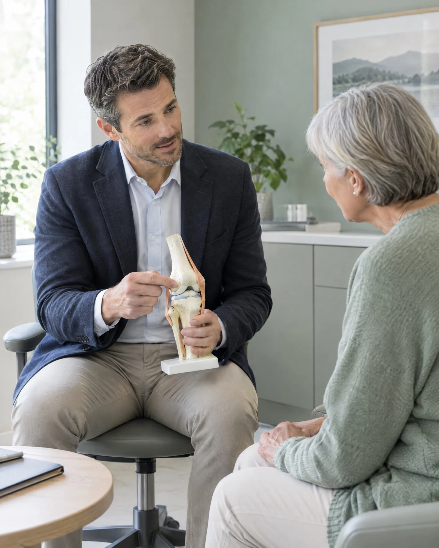 Clinician explaining a knee joint model to a patient