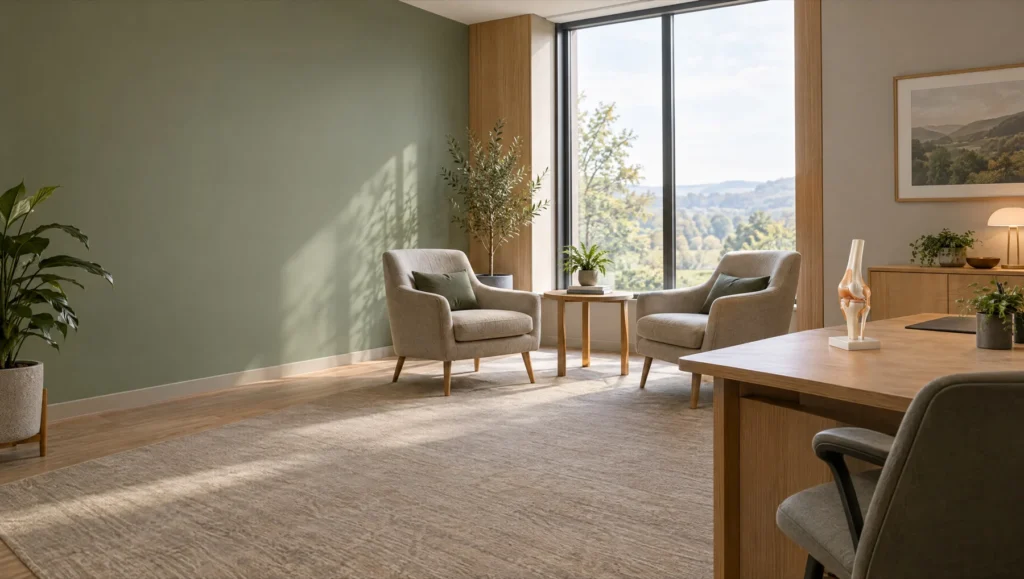 Bright consulting room with armchairs and a desk