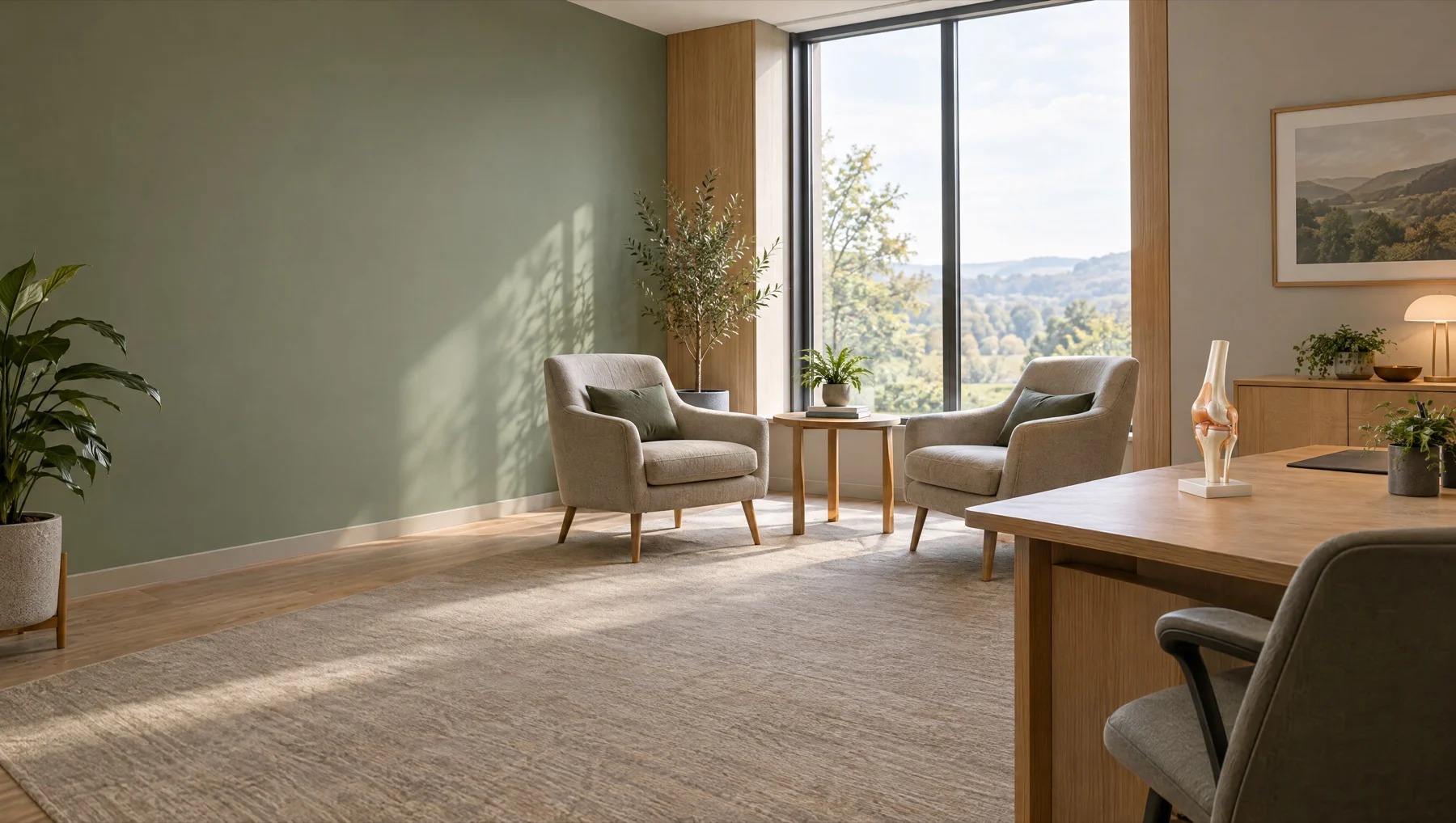 Bright consulting room with armchairs and a desk