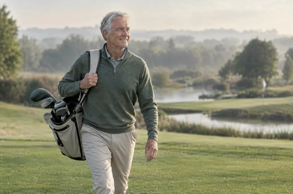 Man carrying a golf bag across a course on a summer evening