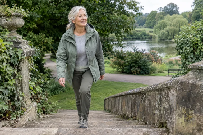 Woman walking down a garden path beside a lake