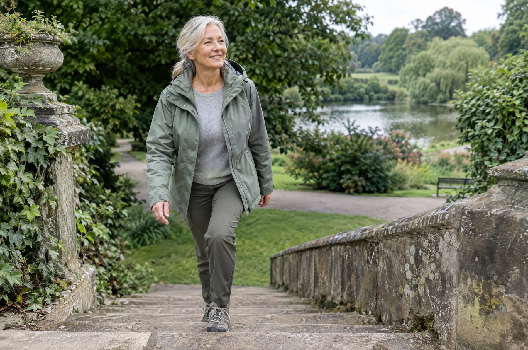 Woman walking down a garden path beside a lake