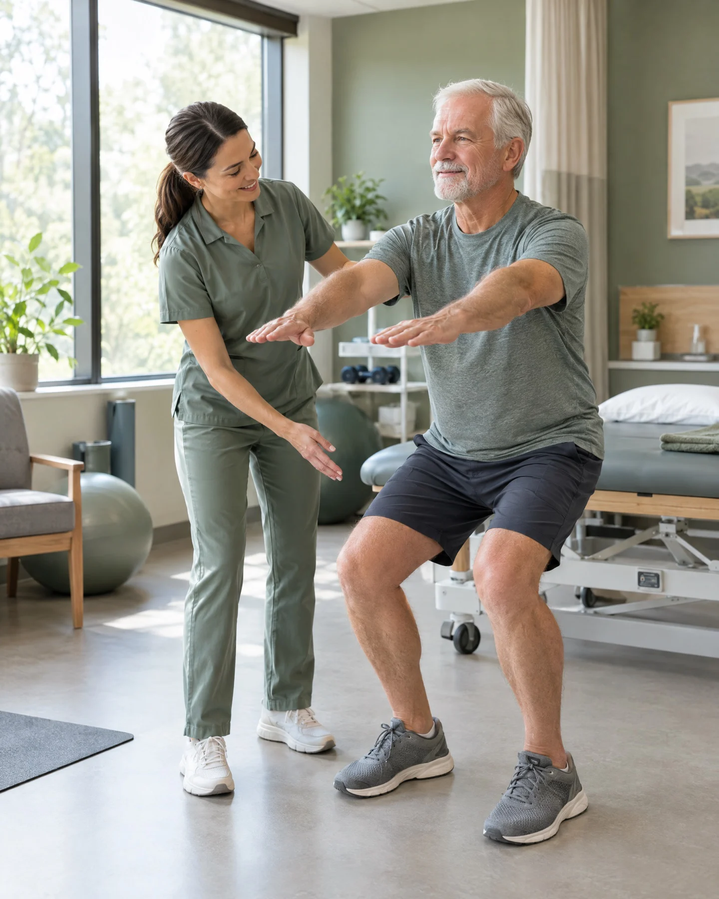 Physiotherapist guiding a man through a squat exercise