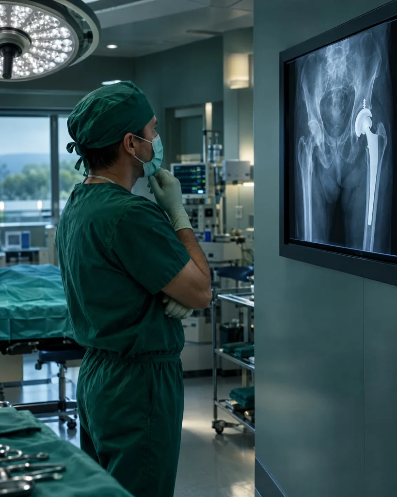 Surgeon in theatre scrubs looking at a hip X-ray on a screen