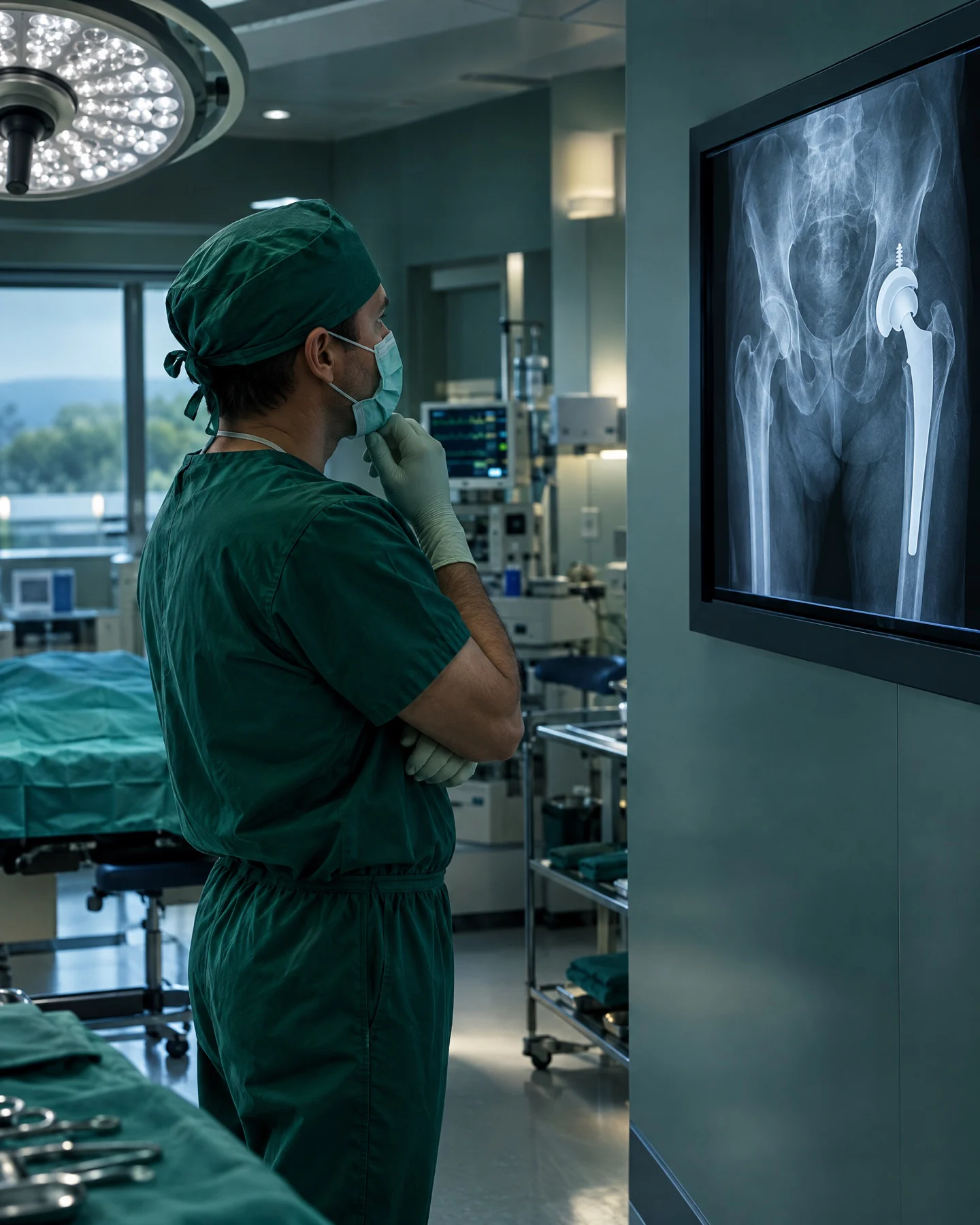 Surgeon in theatre scrubs looking at a hip X-ray on a screen
